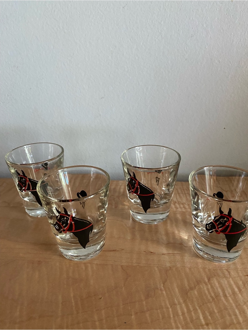 MCM Clear Shot Glass Set with Black and Red Horse Head Design